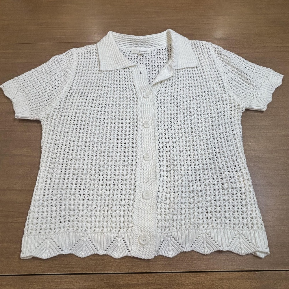 No Comment Cardigan Sweater Womens Medium White Crochet Short Sleeve Button